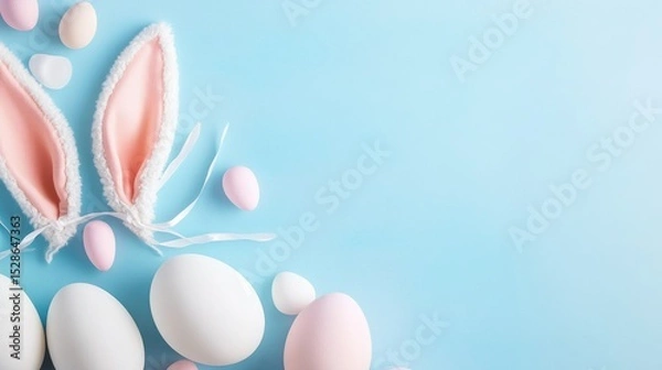 Fototapeta easter bunny ears white eggs on isolated pastel background with copyspace