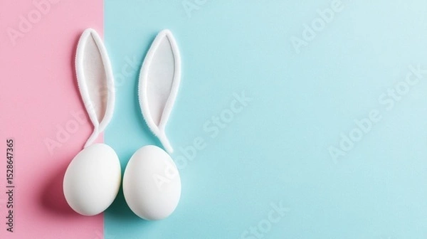 Fototapeta easter bunny ears white eggs on isolated pastel background with copyspace