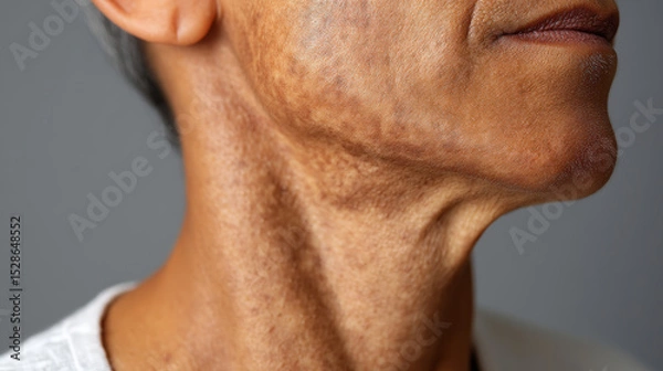 Obraz Acanthosis nigricans is visible on neck of adult with darkened thickened skin patches showing velvety texture and uneven pigmentation, highlighting common dermatological condition