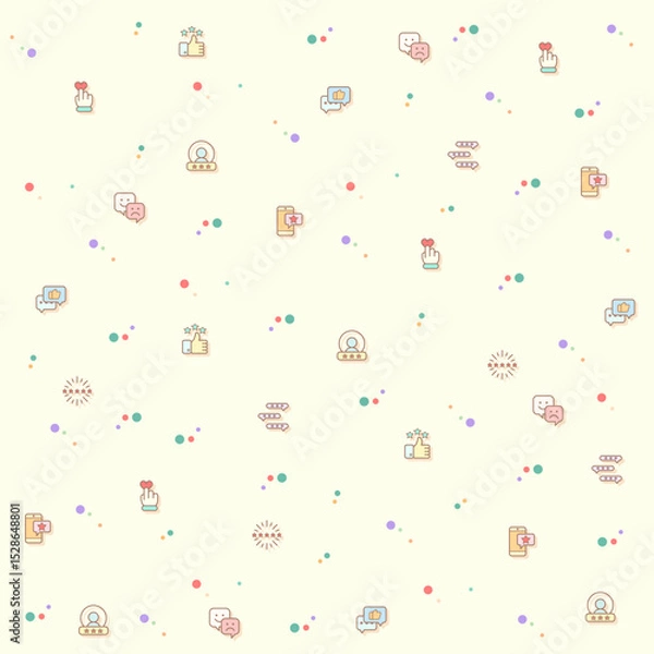 Fototapeta Vector illustration of a cute Review And feedback. Collection of customer, rating, star rating, chat, testimonials, survey, support, communication, sign and other elements. Isolated on beige.