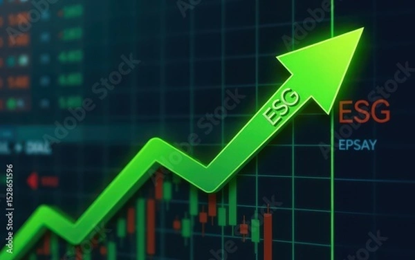 Fototapeta ESG investing growth concept. Graph showing upward trend in ESG performance metrics with green arrow and financial data backdrop.