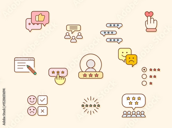 Fototapeta Review And feedback Icon Set. Vector collection of customer, rating, star rating, chat, testimonials, survey, support, communication, sign and element symbols or logo element.