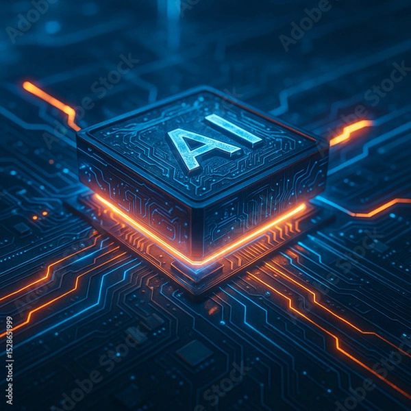 Fototapeta Futuristic AI Microchip on Glowing Blue Circuit Board