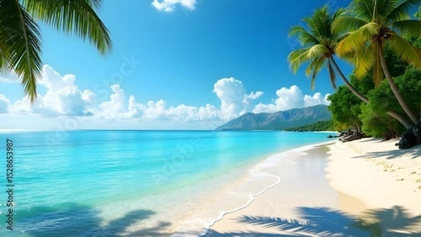 Obraz Tropical Paradise Beach with Crystal Blue Water and Palm Trees under Sunny Sky – Perfect Summer Getaway.