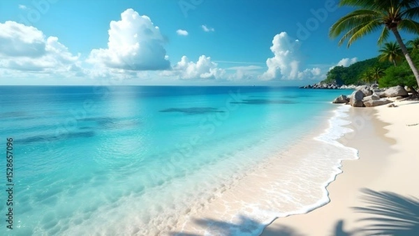 Obraz Tropical Paradise Beach with Crystal Blue Water and Palm Trees under Sunny Sky – Perfect Summer Getaway.