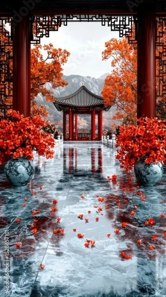 Obraz Serene Autumnal Garden Red Azaleas and Pagoda in a Tranquil Setting