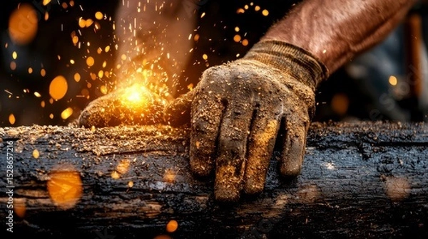 Obraz Close-up of Hands Working with Metal and Sparks Flying