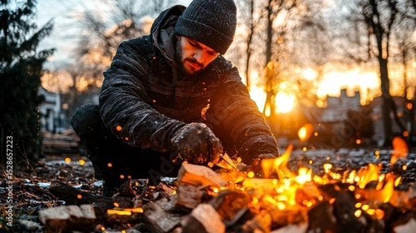 Obraz Man Building a Bonfire at Sunset Winter Camping and Survival Skills