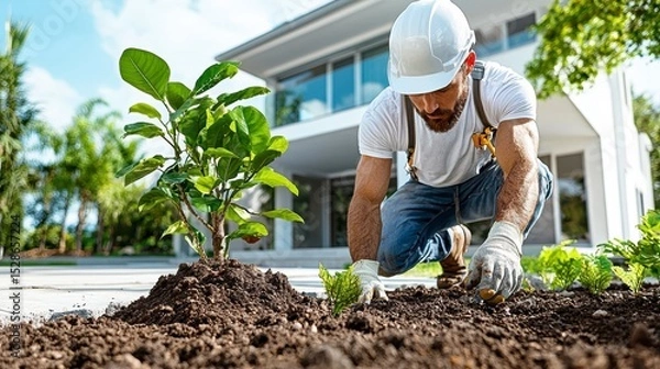 Obraz Landscaping Professional Planting Trees and Shrubs in a Residential Garden