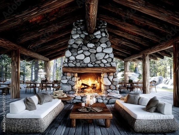 Obraz Rustic Mountain Lodge Fireplace Cozy Cabin Retreat Design