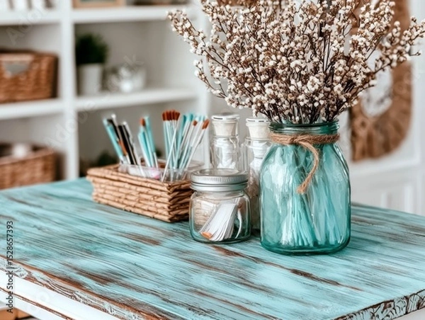 Obraz Rustic Chic Home Decor Teal Table with Dried Flowers and Beauty Tools