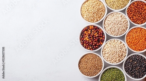 Obraz Various dry legumes and pulses displayed in white bowls arranged in a grid on a white surface.