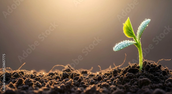 Fototapeta Dew-Kissed Sprout Emerges: A Symbol of Hope and New Beginnings in Rich Soil