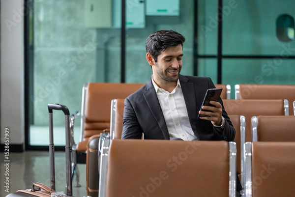 Fototapeta Caucasian businessman is using smart mobile phone while waiting in airline business departure lounge waiting for boarding airplane concept