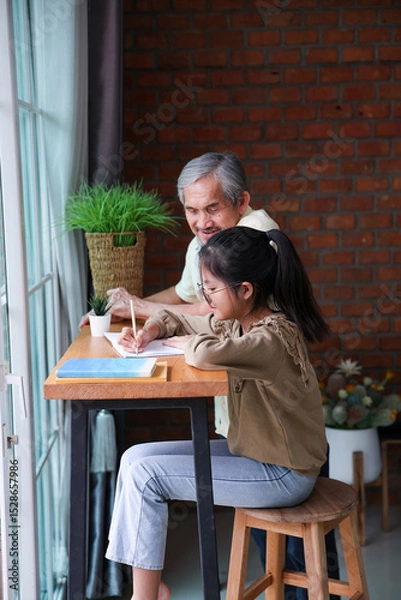 Fototapeta Young asian schoolgirl is doing her class homework assignment at home with advice from grandfather for education and study