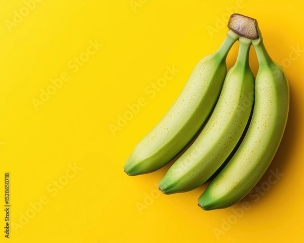 Obraz A bunch of three unripe green bananas against a vibrant yellow background.