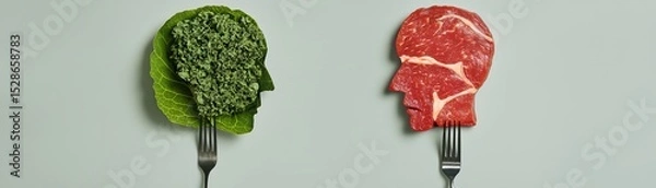 Obraz Surreal diet choice concept with human silhouettes carved from raw meat and vegetable leaf