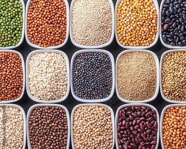 Obraz Various colorful legumes and beans organized neatly in small white containers, showcasing diversity and texture.