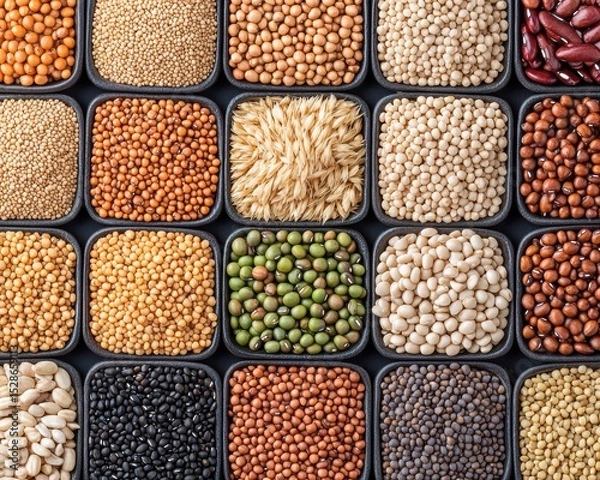 Obraz A colorful assortment of various dried seeds, grains, and legumes neatly arranged in square containers.