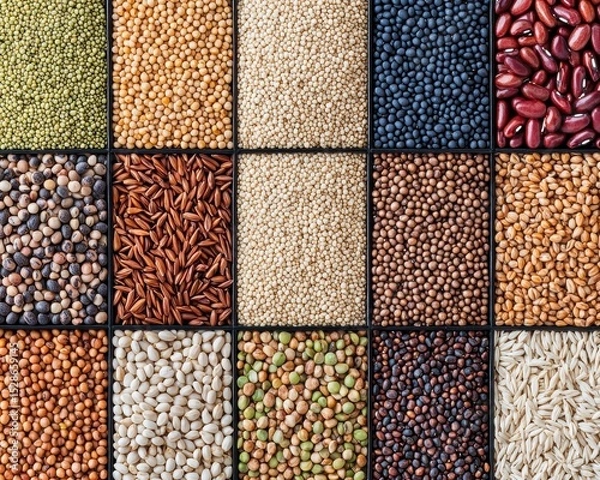 Obraz A colorful assortment of various dry beans, lentils, and grains neatly arranged in a grid pattern.