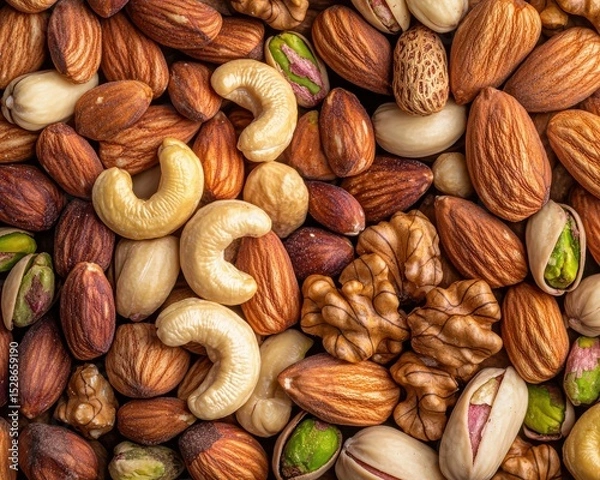 Obraz A close-up image of assorted nuts including cashews, almonds, walnuts, pistachios, and pecans, showcasing their natural textures and colors.