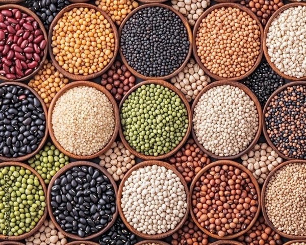 Obraz Various types of dried beans and lentils displayed in round wooden bowls, showcasing a colorful and diverse collection of legumes.