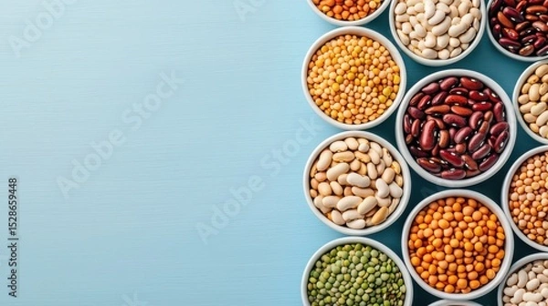 Obraz Colorful bowls filled with various dry beans and lentils arranged on a light blue surface.