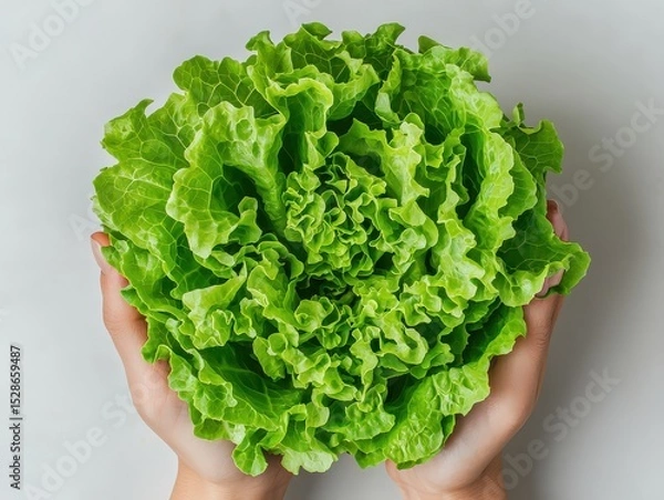 Obraz Fresh green lettuce held gently by two hands against a light background, showcasing vibrant and crisp leaves.