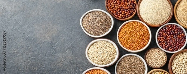 Obraz Various seeds and grains displayed in round wooden bowls on a gray textured surface.