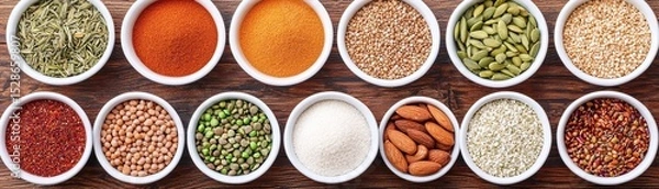 Obraz A colorful assortment of various spices, seeds, nuts, and grains displayed in white bowls on a wooden surface.