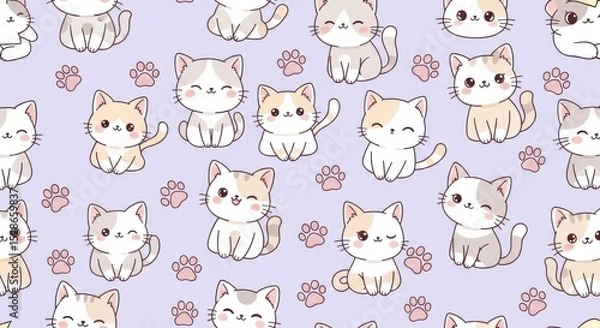 Fototapeta Cute cartoon cat pattern with kawaii design for kids print background