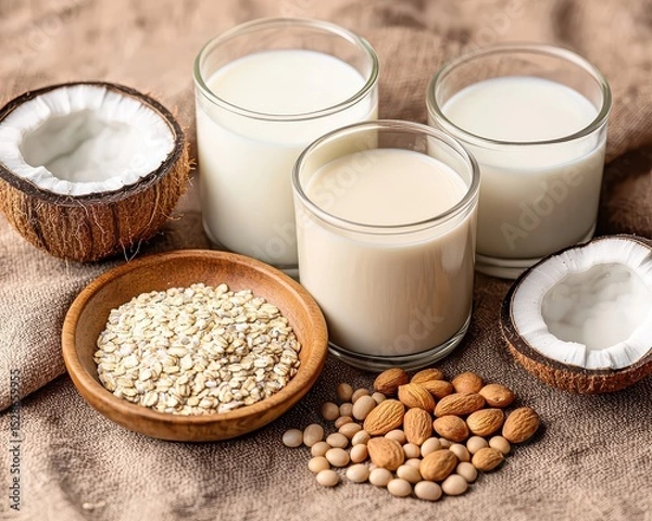 Obraz Three glasses of plant-based milk surrounded by cracked coconuts, oats in a bowl, almonds, and soybeans on a beige cloth.