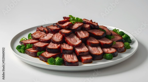 Fototapeta A plate of glazed ham slices arranged in a pyramid shape, garnished with broccoli florets and parsley.  A delicious and elegant dish, perfect for a special occasion.