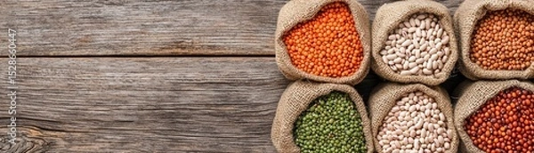 Obraz Various colorful dried legumes and beans in burlap sacks arranged on a rustic wooden surface.