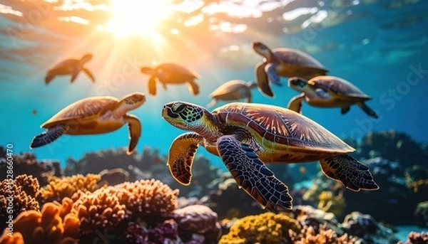 Fototapeta Sea turtle migration beneath the sunlit waves in a vibrant coral reef ecosystem