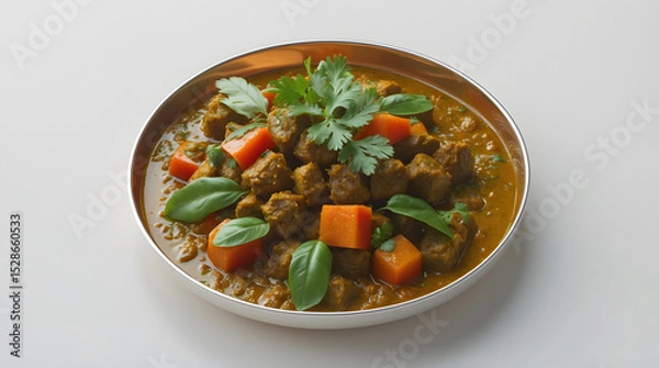 Fototapeta Aromatic and flavorful curry with tender meat cubes and vibrant orange vegetables.  Garnished with fresh cilantro and basil, served in a metallic bowl.