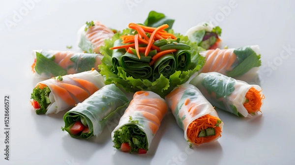 Fototapeta A beautiful arrangement of fresh spring rolls filled with colorful vegetables and arranged in a circle.  A vibrant and healthy meal or appetizer.