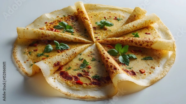 Fototapeta Delicious crepes arranged in a circular pattern, topped with a savory cheese sauce, herbs, and red pepper flakes. A culinary masterpiece, perfect for brunch or a light meal.