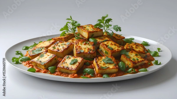 Fototapeta A plate of delicious paneer tikka masala, featuring golden-brown paneer cubes in a rich, flavorful tomato-based sauce, garnished with fresh cilantro. 