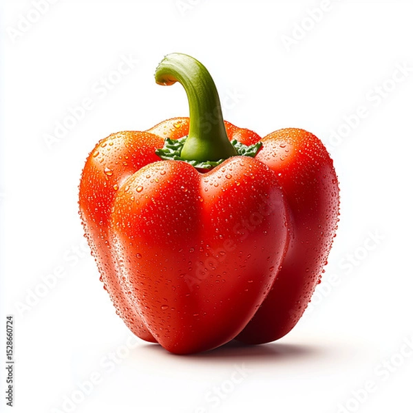 Fototapeta Fresh red bell pepper with droplets of water on a white background, perfect for healthy cooking and recipes.