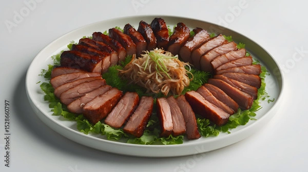 Fototapeta Delicious glazed pork belly slices arranged in a circle on a white plate, garnished with fresh greens and a mound of shredded vegetables in the center.  A perfect appetizer or main course.