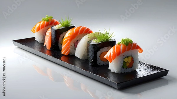 Fototapeta A delectable array of assorted sushi rolls, artfully arranged on a sleek black plate.  Fresh salmon, vibrant vegetables, and seaweed are showcased.