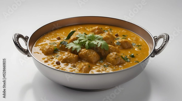 Fototapeta A delicious-looking bowl of creamy, golden curry with tender meatballs, garnished with fresh cilantro. The curry is served in a silver bowl with ornate handles, enhancing its visual appeal.