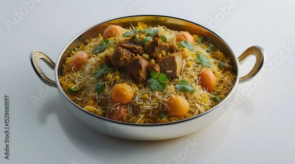 Fototapeta A delicious-looking dish of yellow rice, meat, corn, and preserved eggs in a metallic serving bowl. The food is garnished with fresh cilantro.