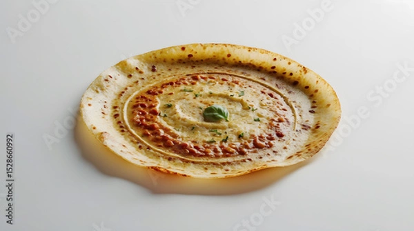Fototapeta A delicious-looking crepe topped with a creamy sauce, speckled with brown bits, and garnished with a basil leaf. The crepe has a golden-brown, slightly crispy edge.