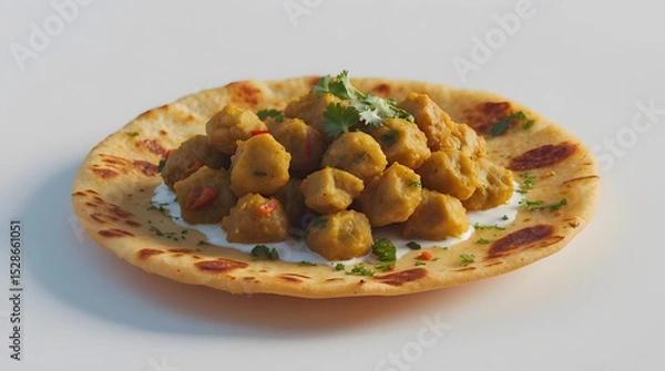 Fototapeta Aromatic Indian dish featuring flavorful soy chunks in a rich curry sauce, delicately placed atop a warm, freshly baked roti.Garnished with cilantro and a dollop of yogurt.