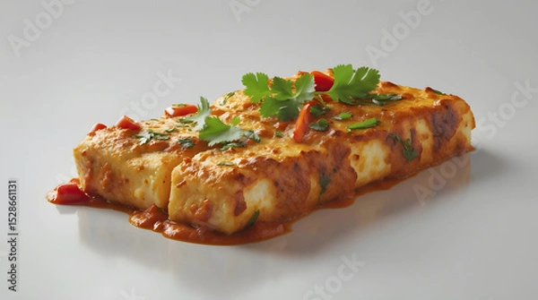 Fototapeta Close-up of delicious paneer tikka masala, a popular Indian dish.  Soft paneer cheese in a rich, creamy tomato-based sauce, garnished with cilantro and red peppers.