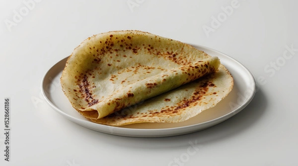 Fototapeta A single lightly browned crepe, folded in half, rests on a simple white plate. The crepe shows slightly crispy edges and a light golden hue. It looks delicious and freshly made.