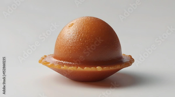 Fototapeta Close-up of a single, caramel-colored, spherical confection with a textured surface and a slightly flared base.  It's isolated on a white background, highlighting its glossy sheen.