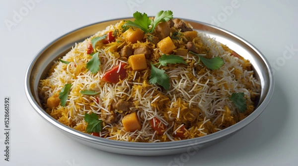 Fototapeta A large portion of delicious Chicken Biryani is served in a metallic platter.  The dish is garnished with fresh cilantro and features chunks of chicken and vegetables.